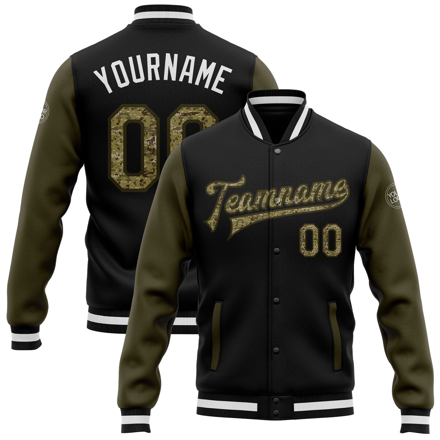Custom Name and Number Black Camo Olive Two Tone Varsity Letterman Bomber Jacket Personalized Black Camo-Olive Bomber Full-Snap
