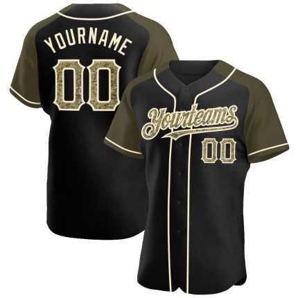 Custom Name and Number Black Camo Baseball Jersey with Olive-Cream Raglan Sleeves - Personalized Team Apparel Personalized
