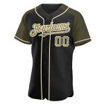 Custom Name and Number Black Camo Baseball Jersey with Olive-Cream Raglan Sleeves - Personalized Team Apparel Personalized