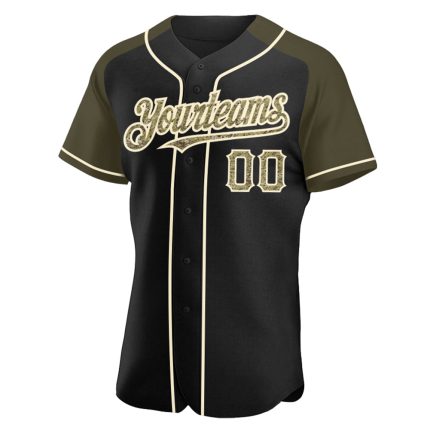 Custom Name and Number Black Camo Baseball Jersey with Olive-Cream Raglan Sleeves - Personalized Team Apparel Personalized