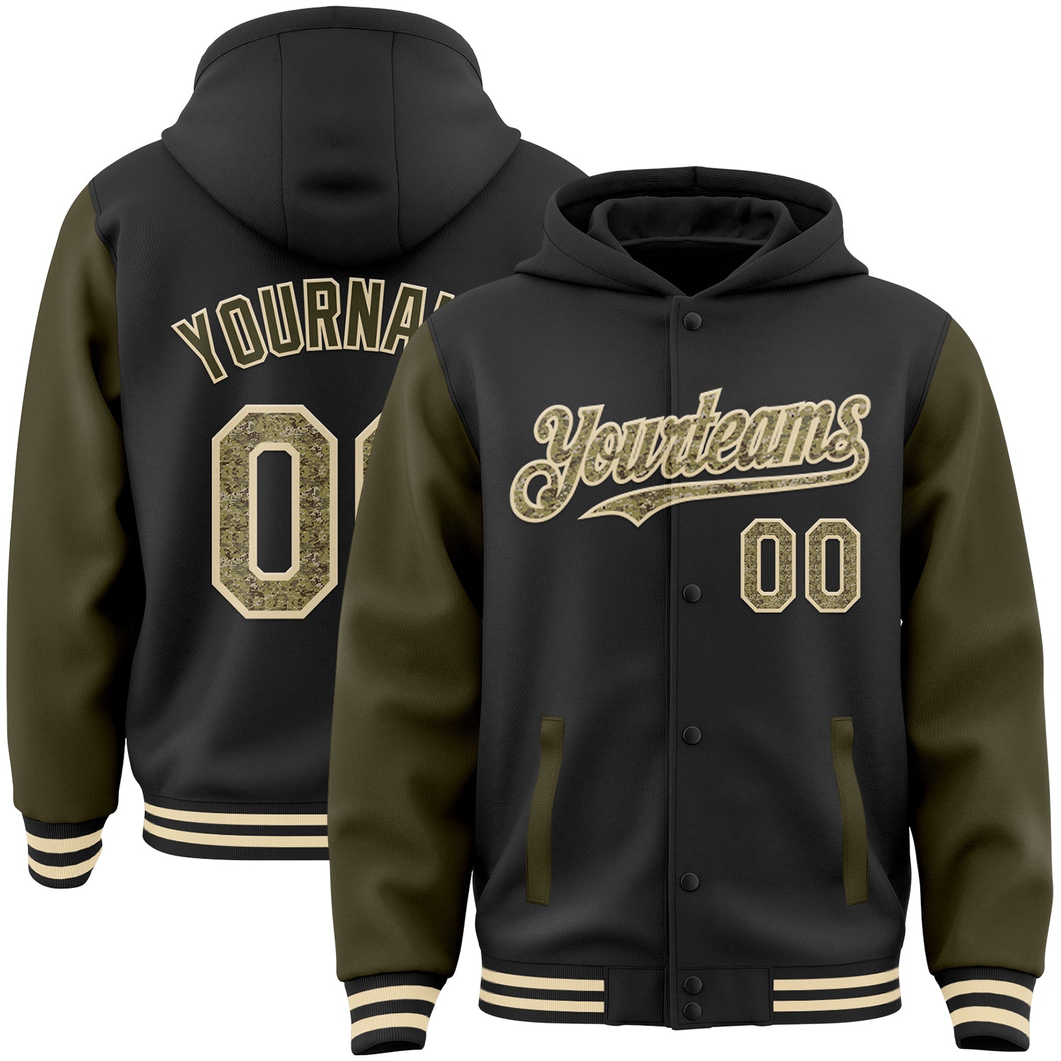 Custom Name and Number Two Tone Black Camo Olive-Cream Bomber Hoodie Jacket Full-Snap Varsity Letterman Personalized Black