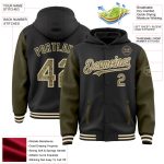 Custom Name and Number Two Tone Black Camo Olive-Cream Bomber Hoodie Jacket Full-Snap Varsity Letterman Personalized Black
