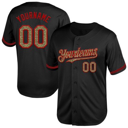 Custom Black Camo Red Mesh Baseball Jersey | Personalized Throwback Style Personalized Black Camo-Red Mesh Throwback Baseball
