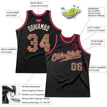 Personalized Black Camo Red Basketball Jersey for Men - Throwback Style Personalized Black Camo-Red Throwback Basketball