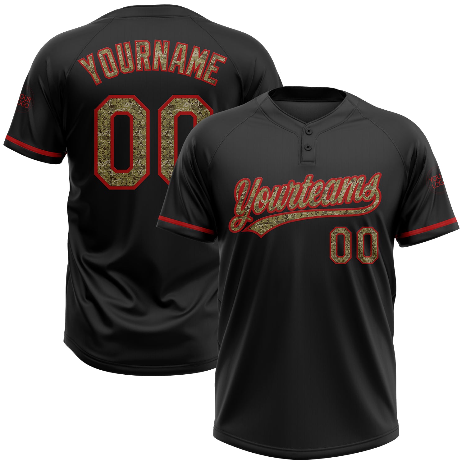 Custom Name and Number Unisex Softball Jersey - Personalized Black Camo Red Two-Button Design Personalized Black Camo-Red