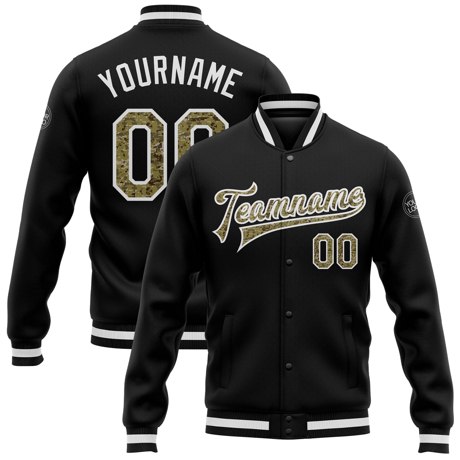 Custom Name and Number Black Camo White Varsity Letterman Bomber Jacket - Personalized Full-Snap Team Jacket Personalized