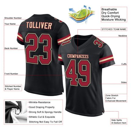 Custom Name and Number Black Cardinal-Cream Mesh Football Jersey - Authentic Team Jersey Personalized Black Cardinal-Cream