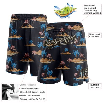 Personalized Black Basketball Shorts with 3D Hawaii Palm Trees and Island Design Personalized Black City Cream 3D Hawaii