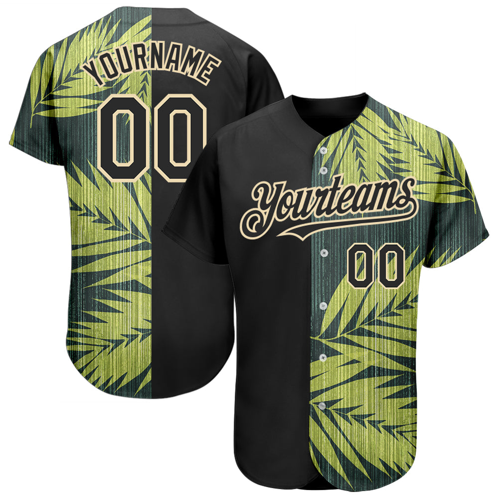 Personalized Hawaii Tropical Palm Leaves Baseball Jersey - Black City Cream 3D Design Personalized Black City Cream 3D Hawaii