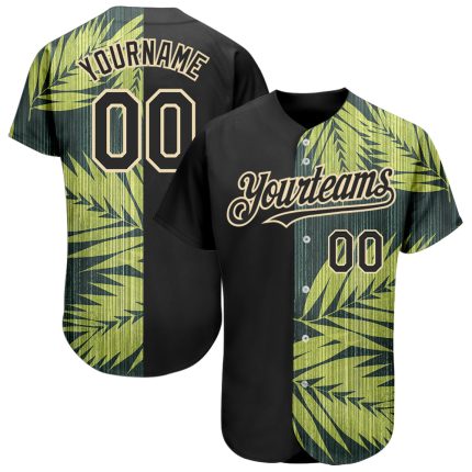 Personalized Hawaii Tropical Palm Leaves 3D Pattern Black Baseball Jersey Custom Name & Number Personalized Black City Cream