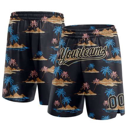 Custom Name and Number Black Hawaii Palm Trees Basketball Shorts, 3D Pattern Island Design, Authentic Team Gear Personalized