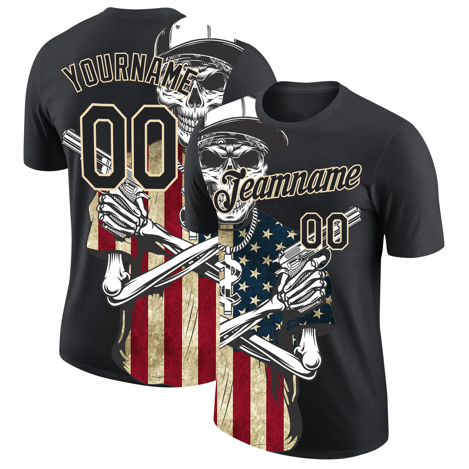 Custom Name and Number 3D Skull Performance T-Shirt - Personalized Black City Cream with American Flag Design Personalized