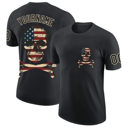 Custom 3D Skull American Flag T-Shirt for Team - Personalized Black Performance Shirt with Name & Number Personalized Black