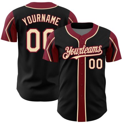 Custom Black Baseball Jersey with Cream and Crimson Arm Shapes - 3 Colors Available Personalized Black City Cream-Crimson