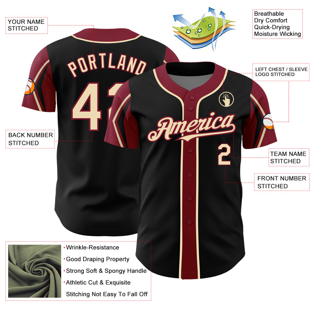 Personalized Black City Cream-Crimson 3 Colors Arm Shapes Baseball Jersey Custom Black Baseball Jersey with Cream and Crimson Arm Shapes - 3 Colors Available Personalized Black City Cream-Crimson - Image 4