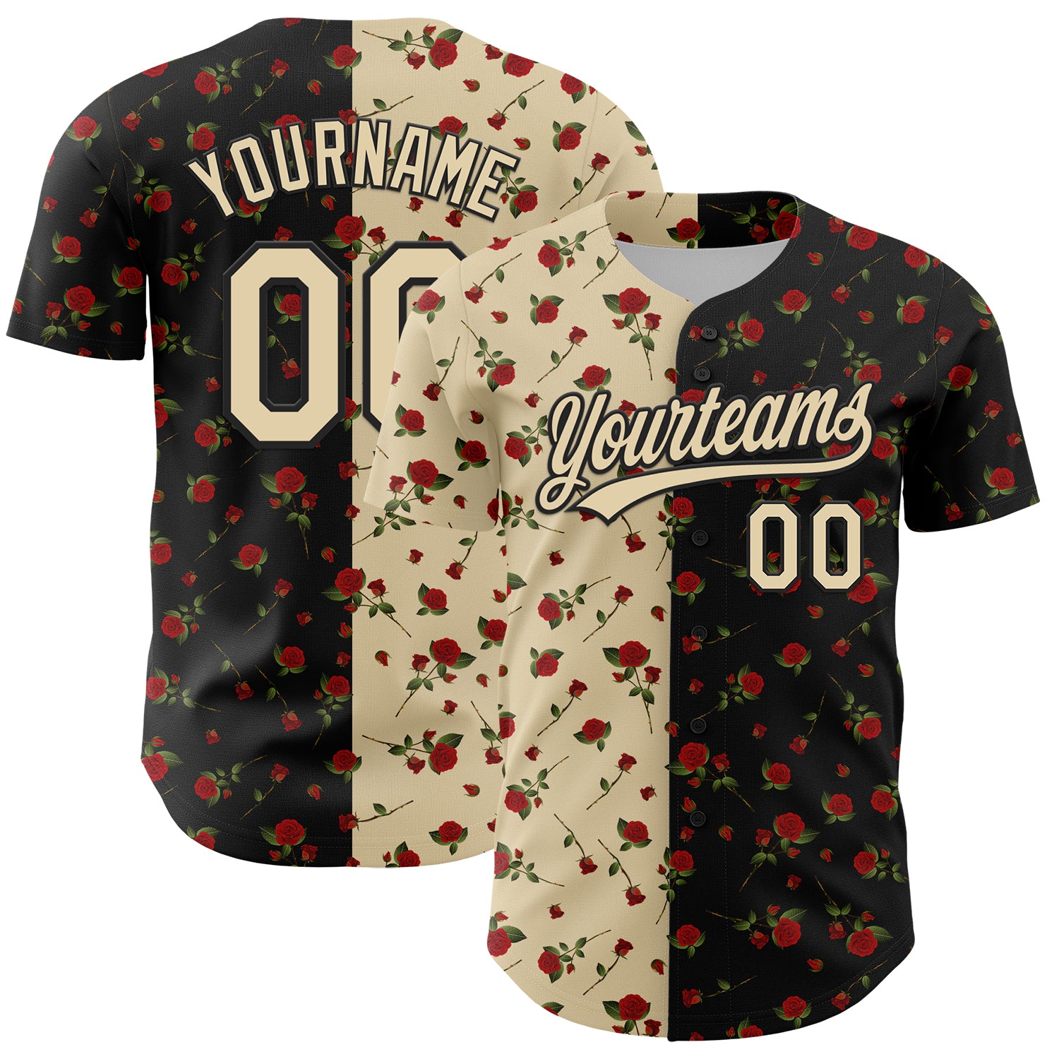 Personalized Gothic Style Rose Baseball Jersey with Custom Name & Number - Black Cream 3D Pattern Design Personalized Black