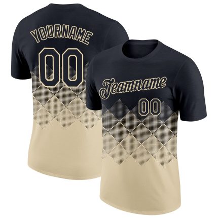 Custom Name and Number Performance T-Shirt with Personalized Black Cream 3D Gradient Square Patterns Personalized Black Cream