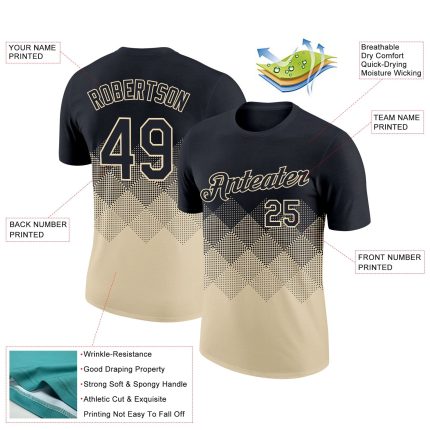 Custom Name and Number Performance T-Shirt with Personalized Black Cream 3D Gradient Square Patterns Personalized Black Cream