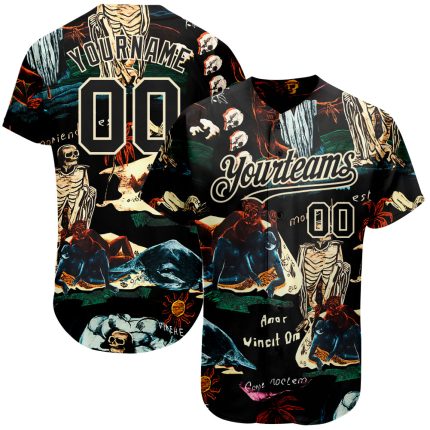 Custom Name 3D Tropical Plant Skull Baseball Jersey - Personalized Black Cream Fashion Team with Custom Number Personalized