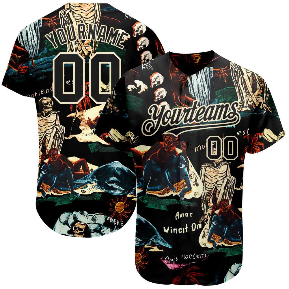 Custom Name 3D Tropical Plant Skull Baseball Jersey - Personalized Black Cream Fashion Team with Custom Number Personalized