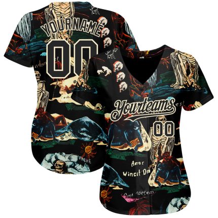 Personalized 3D Skull Tropical Plant Black Cream Baseball Jersey Fashion Personalized Black Cream 3D Tropical Plant And Skull