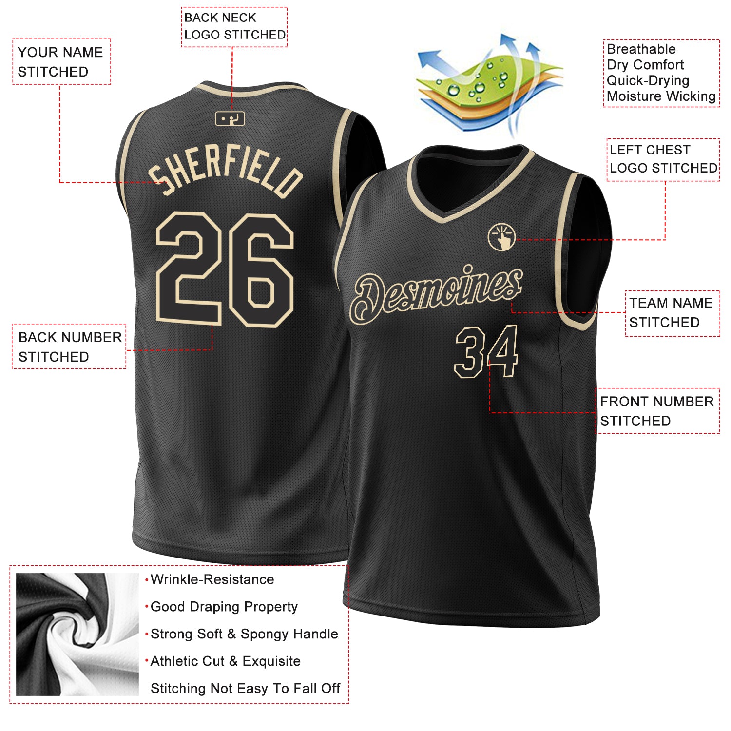 Personalized Black Cream Authentic Throwback Basketball Jersey Team Custom Name and Number Custom Name and Number Personalized Black Cream Basketball Jersey - Authentic Throwback Style Personalized Black Cream Authentic - Image 3
