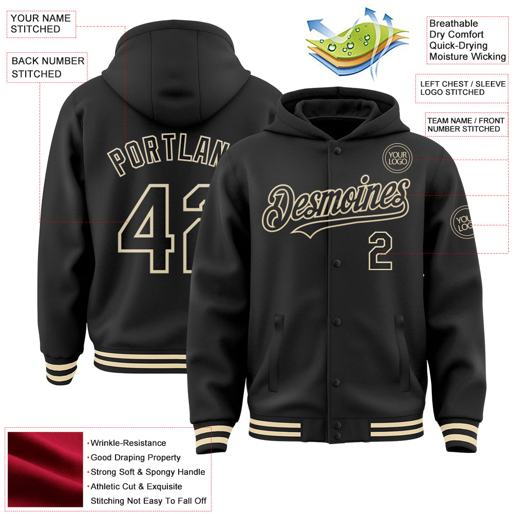 Personalized Black Cream Bomber Full-Snap Varsity Letterman Hoodie Jacket Custom Black Bomber Hoodie Jacket for Men, Full-Snap Varsity Letterman Style, Personalized Design Personalized Black Cream - Image 3