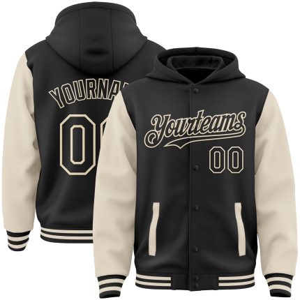 Personalized Varsity Letterman Hoodie Jacket - Black Cream Full-Snap Two Tone Bomber Personalized Black Cream Bomber Full-Snap