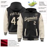 Custom Name and Number Black Cream Two Tone Varsity Letterman Bomber Hoodie Jacket Personalized Black Cream Bomber Full-Snap