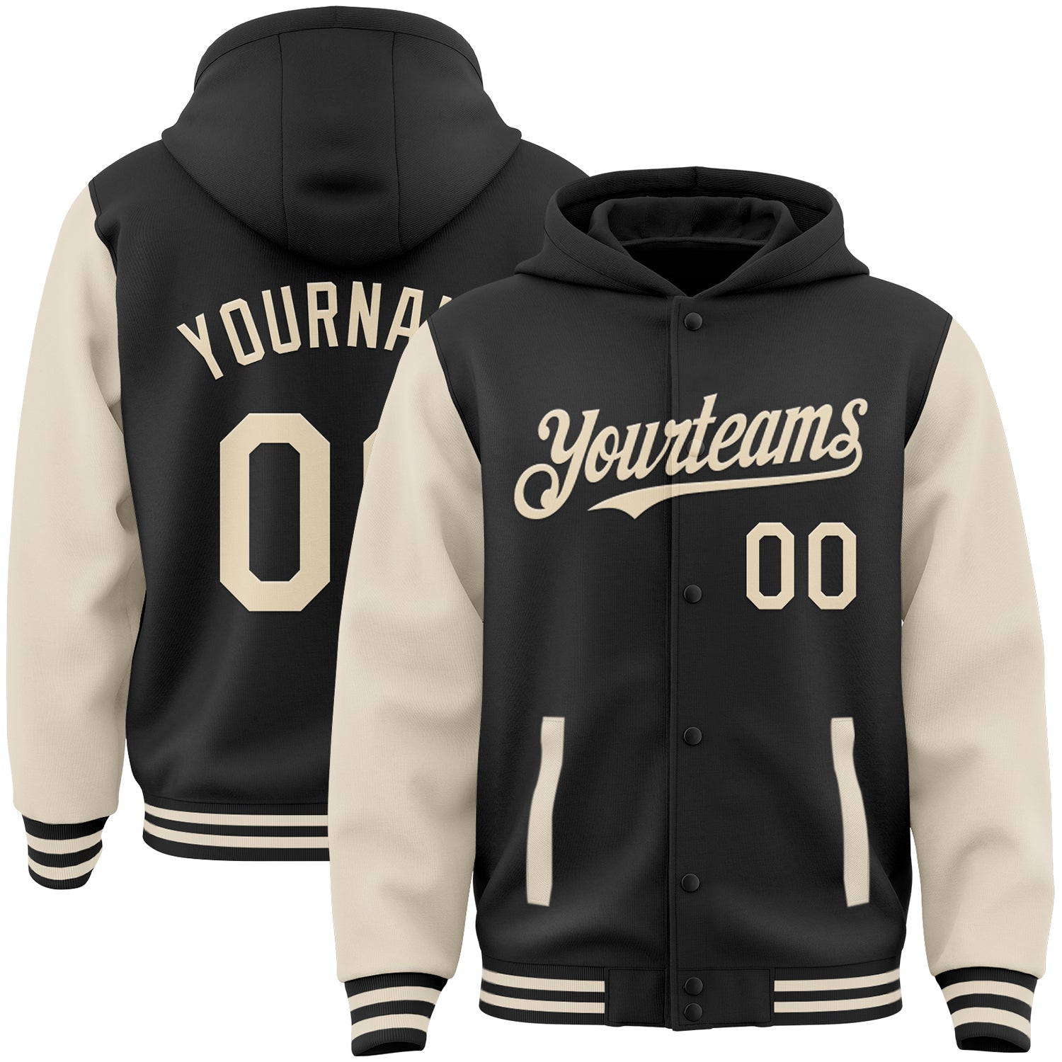 Custom Name and Number Black Cream Two Tone Varsity Letterman Bomber Hoodie Jacket Personalized Black Cream Bomber Full-Snap