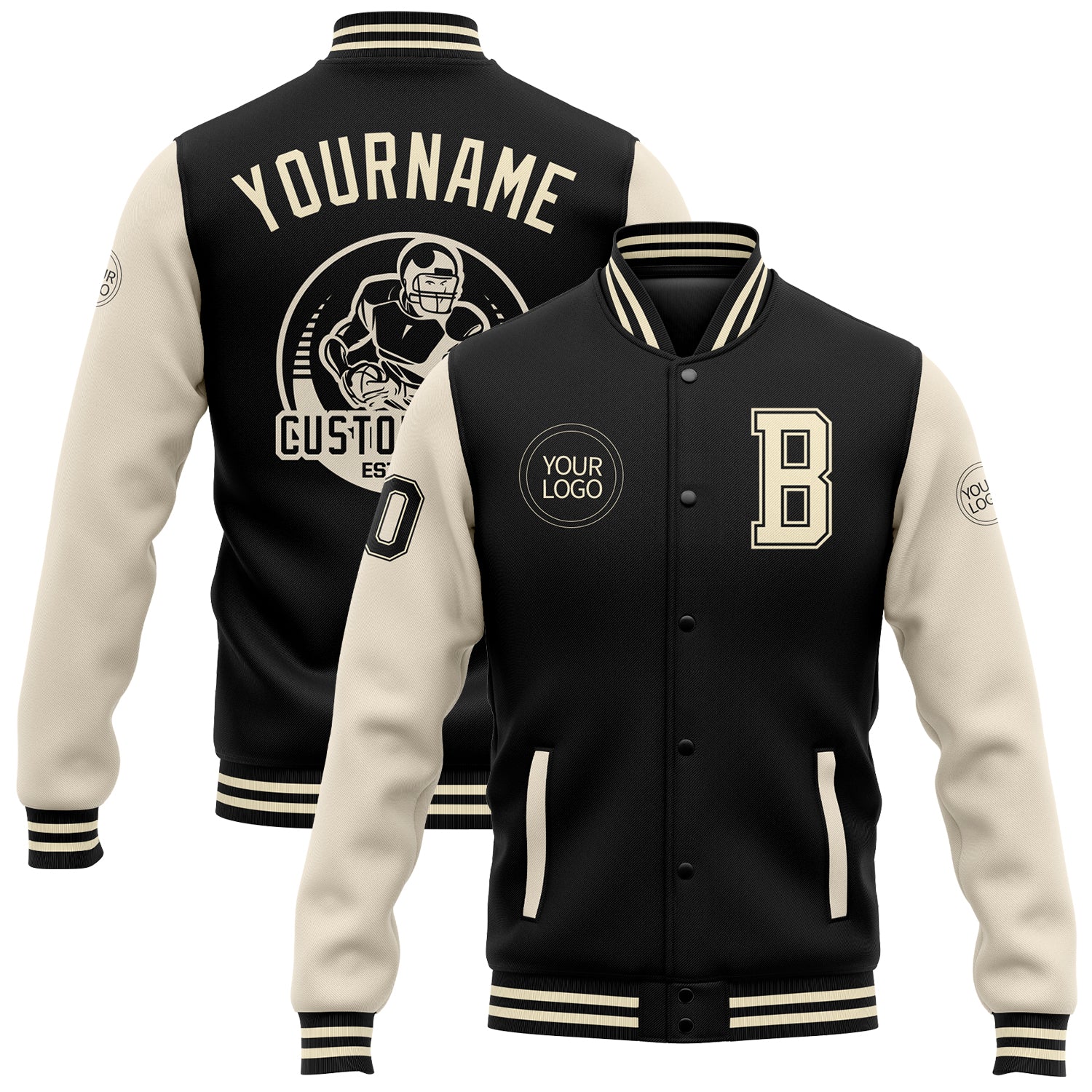 Personalized Black Cream Varsity Letterman Full-Snap Bomber Jacket for Men Personalized Black Cream Bomber Full-Snap Varsity