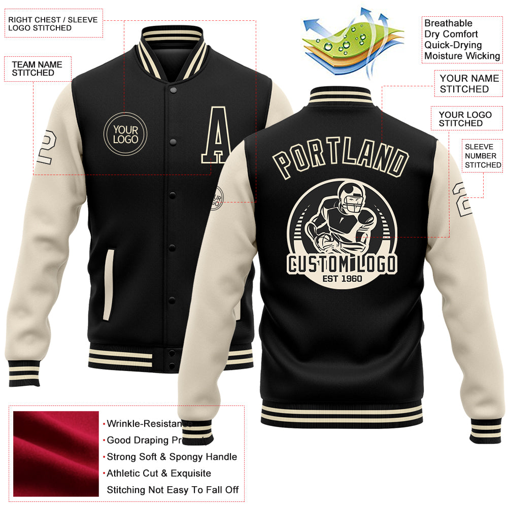 Personalized Black Cream Bomber Full-Snap Varsity Letterman Two Tone Jacket Custom Black Cream Two-Tone Varsity Letterman Bomber Jacket Full-Snap Personalized Black Cream Bomber Full-Snap Varsity Letterman - Image 3