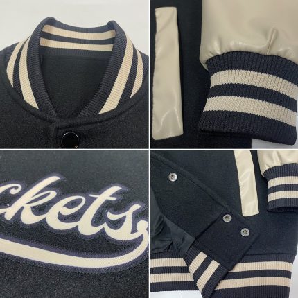 Custom Team Name Number Black Cream Bomber Varsity Letterman Jacket - Personalized Full-Snap Two Tone Design Personalized