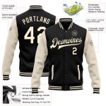Custom Team Name Number Black Cream Bomber Varsity Letterman Jacket - Personalized Full-Snap Two Tone Design Personalized