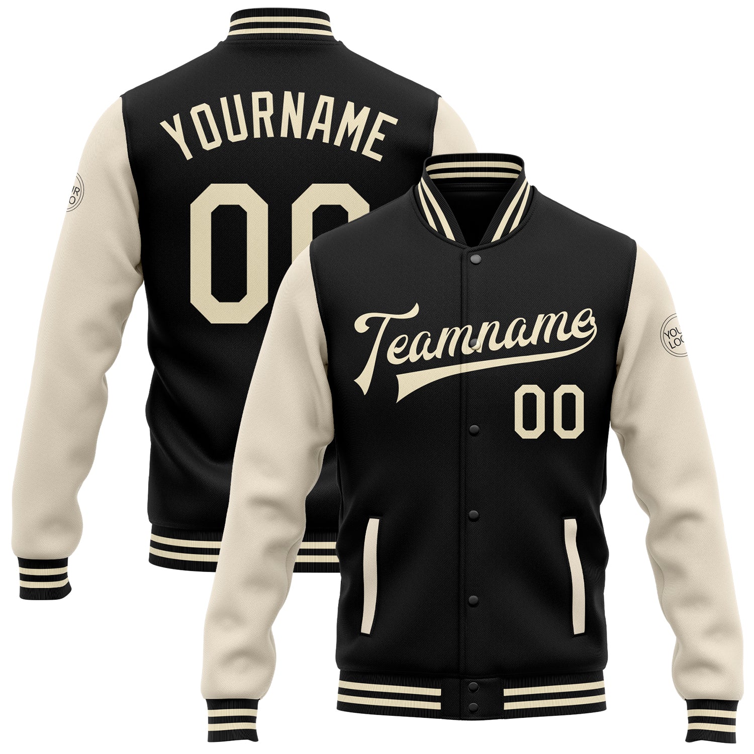 Personalized Black Cream Varsity Letterman Bomber Jacket Full-Snap Two Tone Personalized Black Cream Bomber Full-Snap Varsity