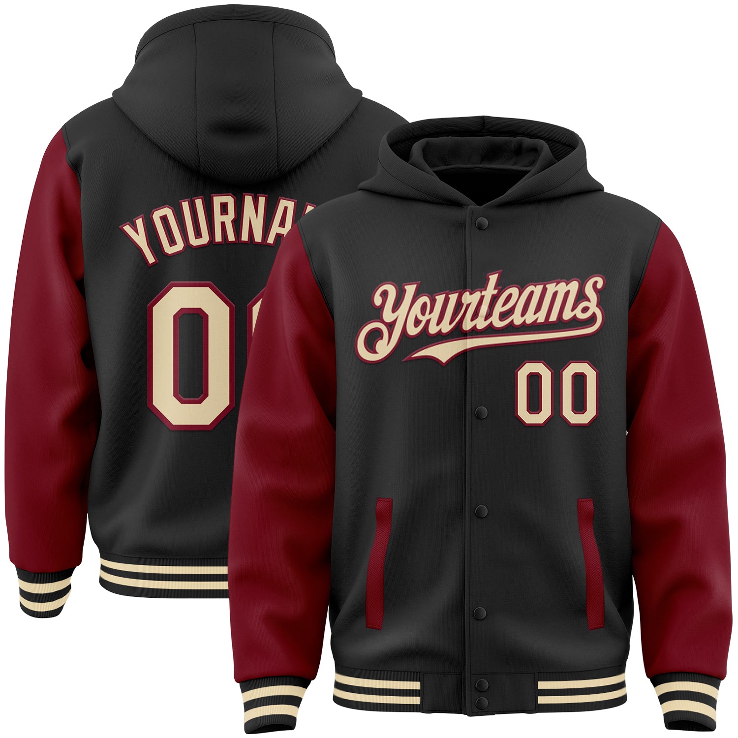 Customizable Varsity Hoodie Jacket for Men - Black Cream-Crimson Bomber Full-Snap with Team Name and Number Personalized