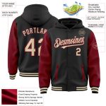 Customizable Varsity Hoodie Jacket for Men - Black Cream-Crimson Bomber Full-Snap with Team Name and Number Personalized