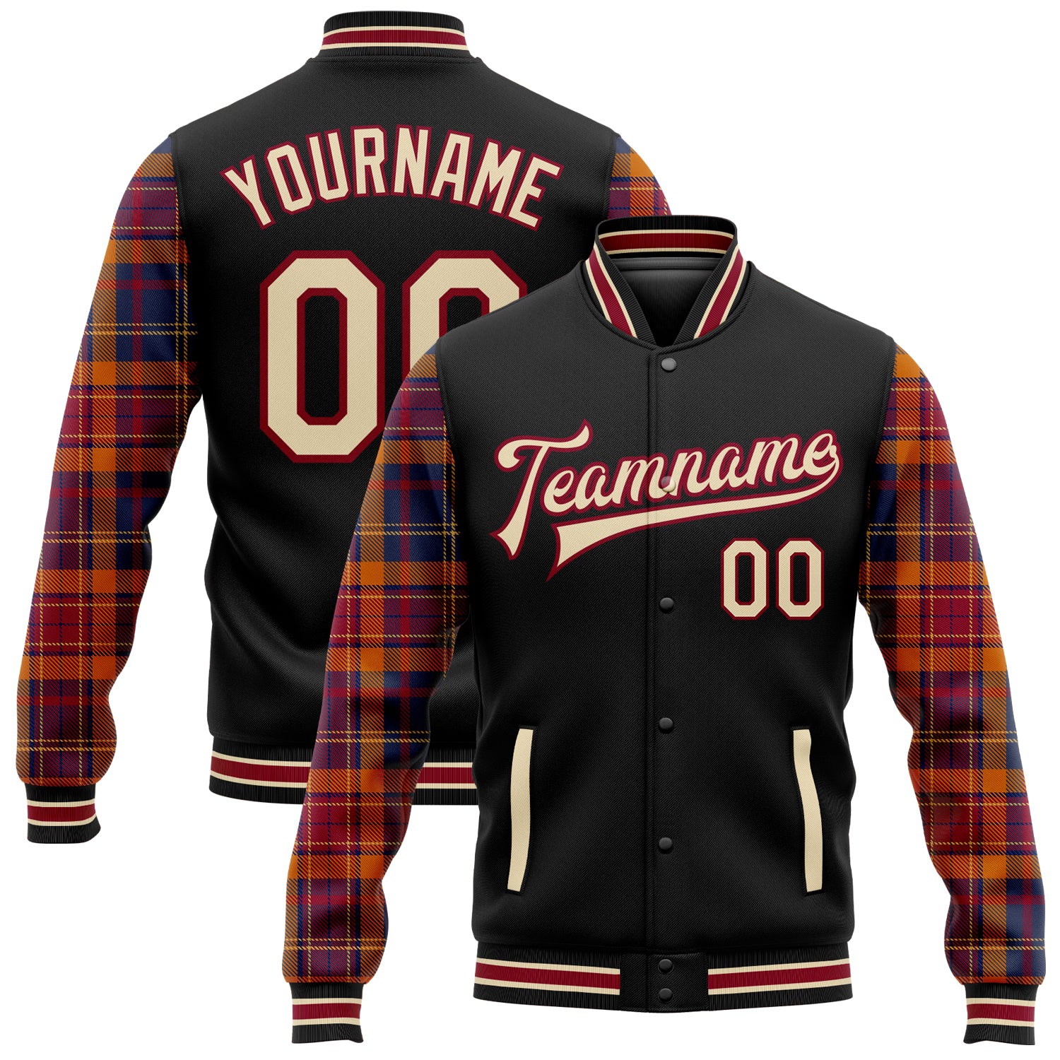 Custom Team Letterman Jacket - Personalized Black Cream Crimson City Plaid 3D Pattern Bomber with Name and Number Personalized