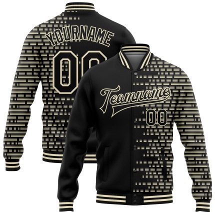 Personalized Black Cream 3D Halftone Varsity Letterman Bomber Jacket Full-Snap Personalized Black Cream Halftone 3D Bomber