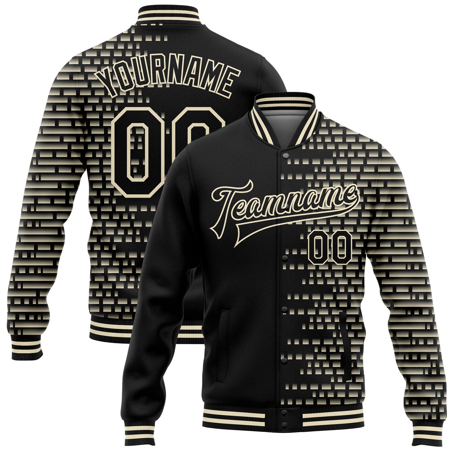 Custom Name and Number Varsity Letterman Jacket with Personalized Black Cream Halftone 3D Pattern Bomber Design Personalized