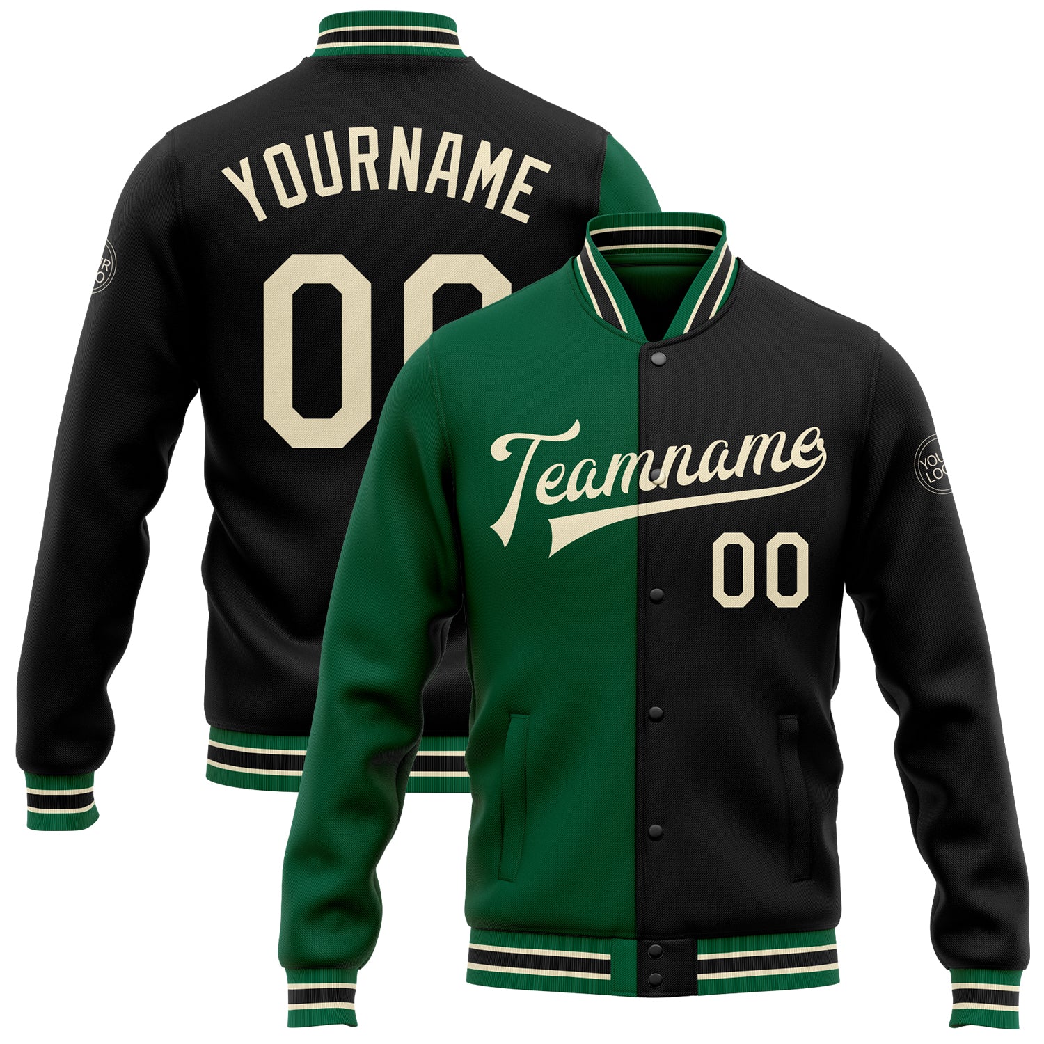 Personalized Black and Green Varsity Letterman Bomber Snap Jacket, Split Fashion Design Personalized Black Cream-Kelly Green