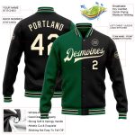 Personalized Black and Green Varsity Letterman Bomber Snap Jacket, Split Fashion Design Personalized Black Cream-Kelly Green