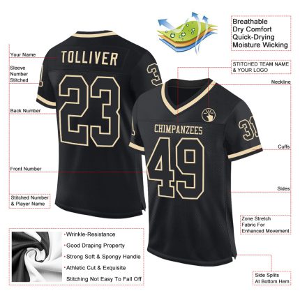 Custom Name and Number Personalized Black Cream Mesh Football Jersey - Authentic Throwback Style Personalized Black Cream