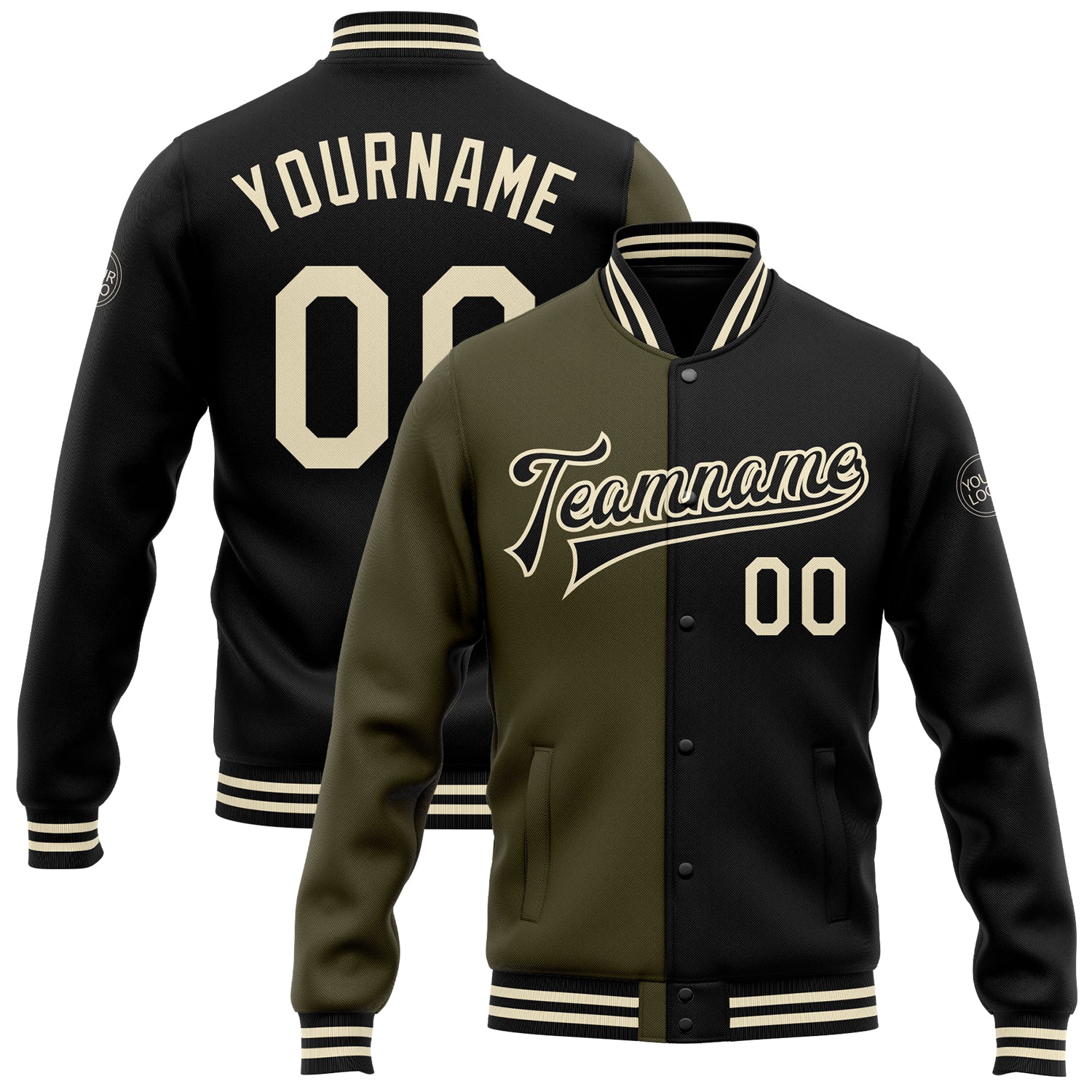 Personalized Black Cream Olive Varsity Letterman Bomber Jacket Full-Snap Fashion Personalized Black Cream-Olive Bomber Full-Snap