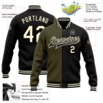 Personalized Black Cream Olive Varsity Letterman Bomber Jacket Full-Snap Fashion Personalized Black Cream-Olive Bomber Full-Snap