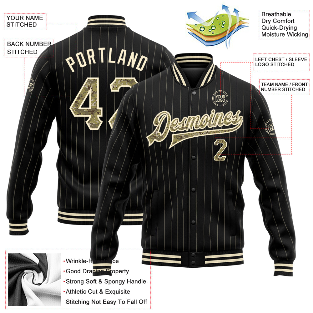Personalized Black Cream Pinstripe Camo Bomber Full-Snap Varsity Letterman Jacket Personalized Camo Pinstripe Black Bomber Jacket Full-Snap Varsity Letterman Personalized Black Cream Pinstripe Camo Bomber - Image 5