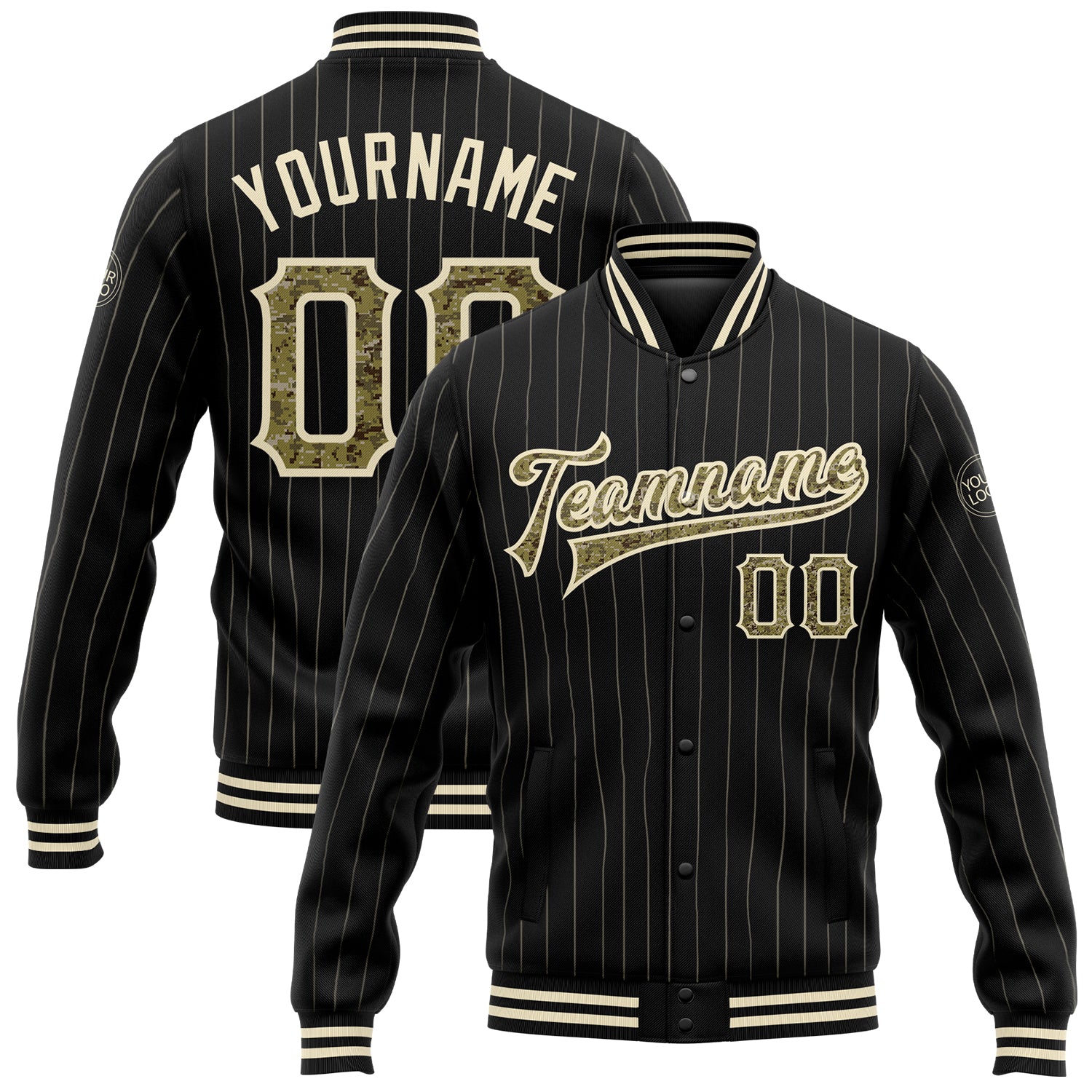 Personalized Camo Pinstripe Black Bomber Jacket Full-Snap Varsity Letterman Personalized Black Cream Pinstripe Camo Bomber