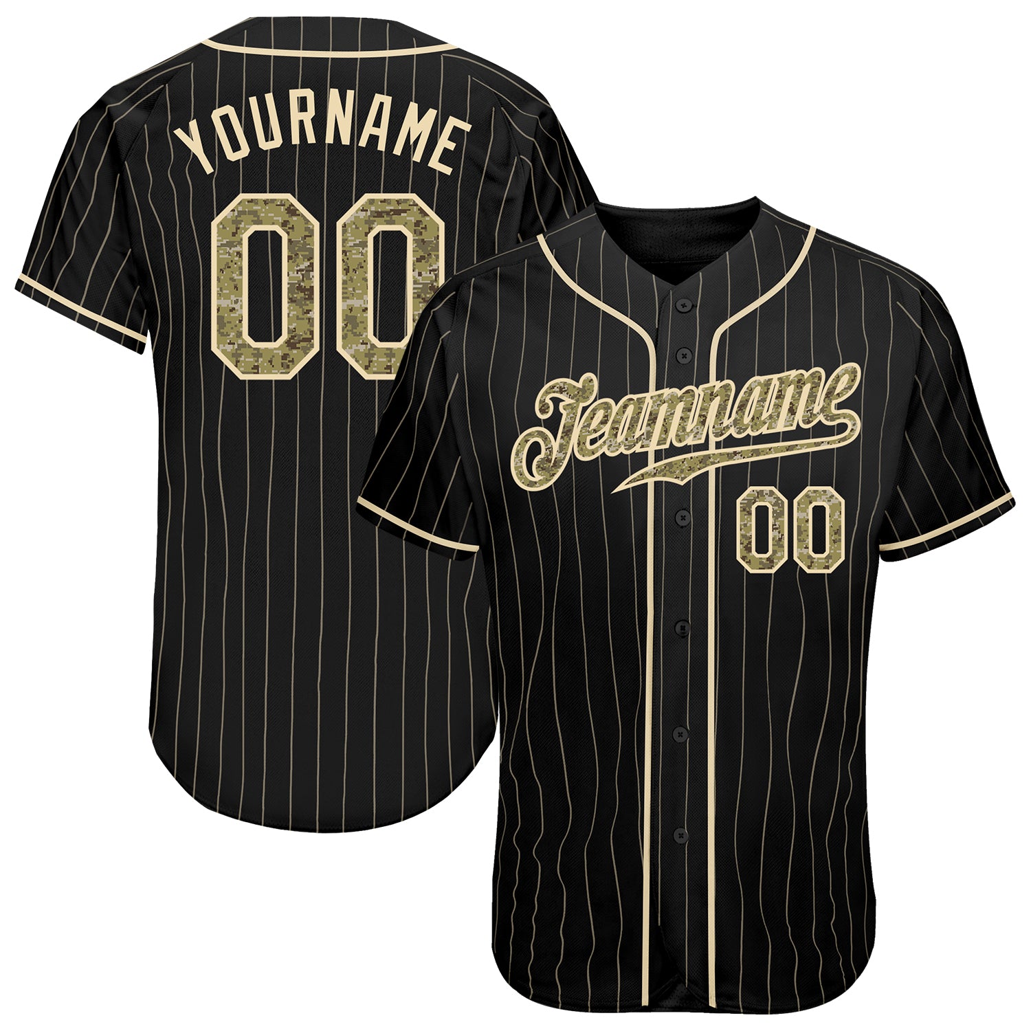 Customizable Black Cream Pinstripe Camo Baseball Jersey with Personalized Name and Number - Authentic Team Apparel Personalized