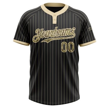 Personalized Softball Jersey Unisex Black Cream Pinstripe Camo Two-Button Design Personalized Black Cream Pinstripe Camo