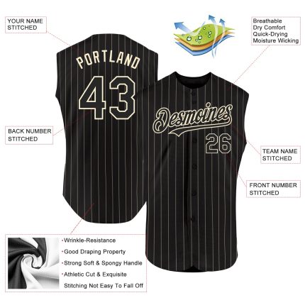 Personalized Team Jersey with Custom Name and Number - Black Cream Pinstripe Sleeveless Baseball Jersey Personalized Black
